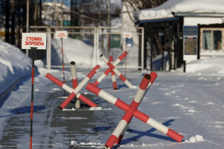 A view shows barriers at the entrance to the IK-3 penal colony, where Russian opposition leader Alexei Navalny served his jail term and where he died the day before, according to prison authorities, in the settlement of Kharp in the Yamal-Nenets Region, Russia February 17