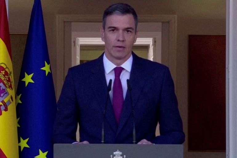 Spain's Prime Minister Pedro Sanchez delivers remarks in Madrid, Spain April 29, 2024 in this still image from a televised reading statement. Spanish Government TV/Reuters TV via REUTERS THIS IMAGE HAS BEEN SUPPLIED BY A THIRD PARTY