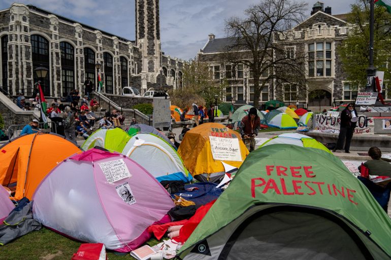 Students and pro-Palestinian supporters occupy a plaza at the City College of New York campus, during the ongoing conflict between Israel and the Palestinian Islamist group Hamas, in New York City, US, April 27, 2024