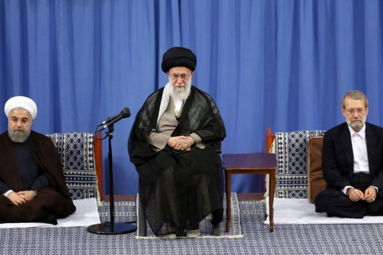 Iran''s parliament speaker Larijani, Iran''s Supreme Leader Khamenei, and Iranian President Rouhani attend Supreme Leader’s meeting with authorities of the country and ambassado