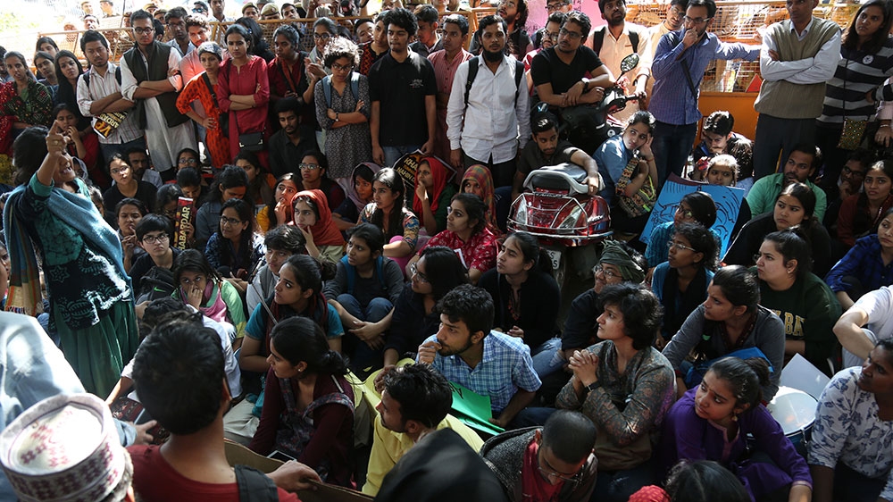 Students protested outside the Delhi Police headquarters on Thursday to demand that the police register an official complaint about the ABVP attack on students [Showkat Shafi/Al Jazeera] 