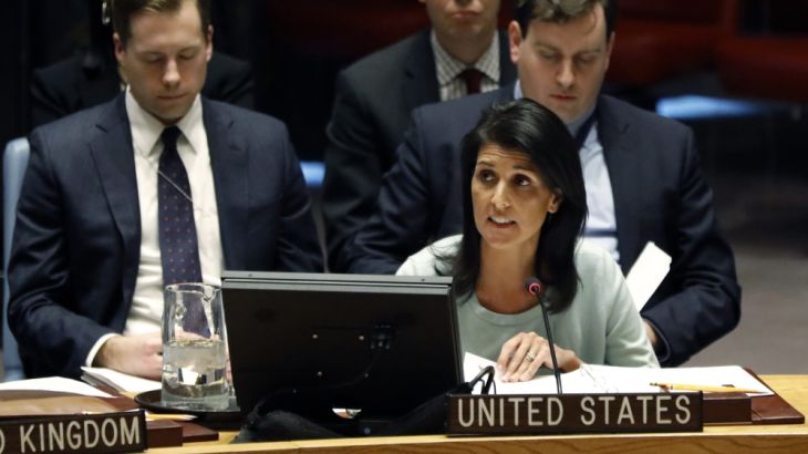 US Ambassador to the United Nations Nikki Haley, waits to address a Security Council on the situation in Ukraine