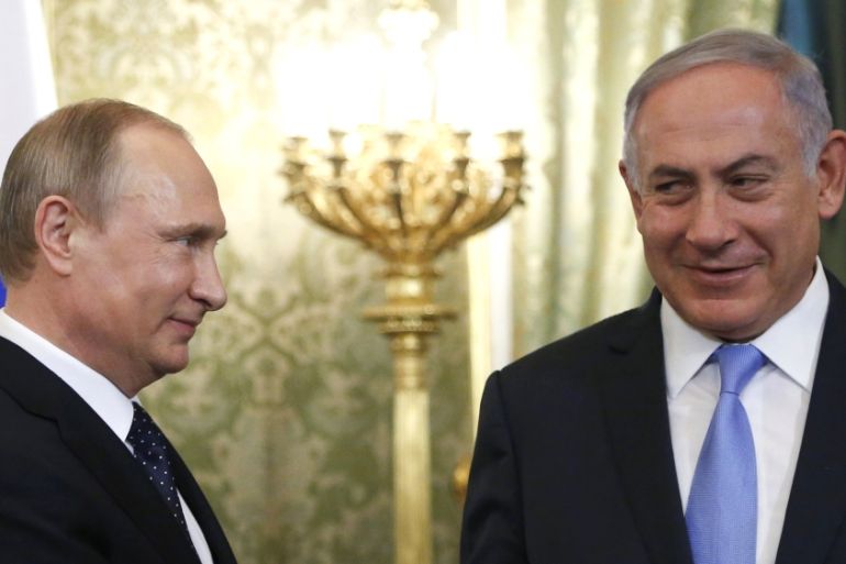 Russian President Putin welcomes Israeli Prime Minister Netanyahu during a meeting at the Kremlin in Moscow