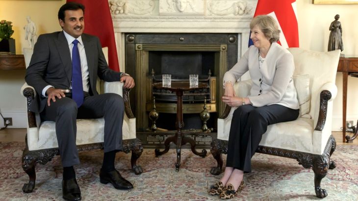 Britain''s Prime Minister Theresa May greets Qatar''s Prime Minister and Minister of Interior Sheikh Abdullah Bin Nasser Al Thani at Downing Street in London