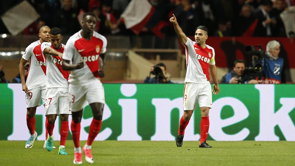 Falcao celebrates scoring Monaco's second goal [Reuters]