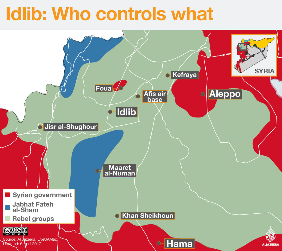 Map of who controls what in the Idlib province of Syria [Al Jazeera]