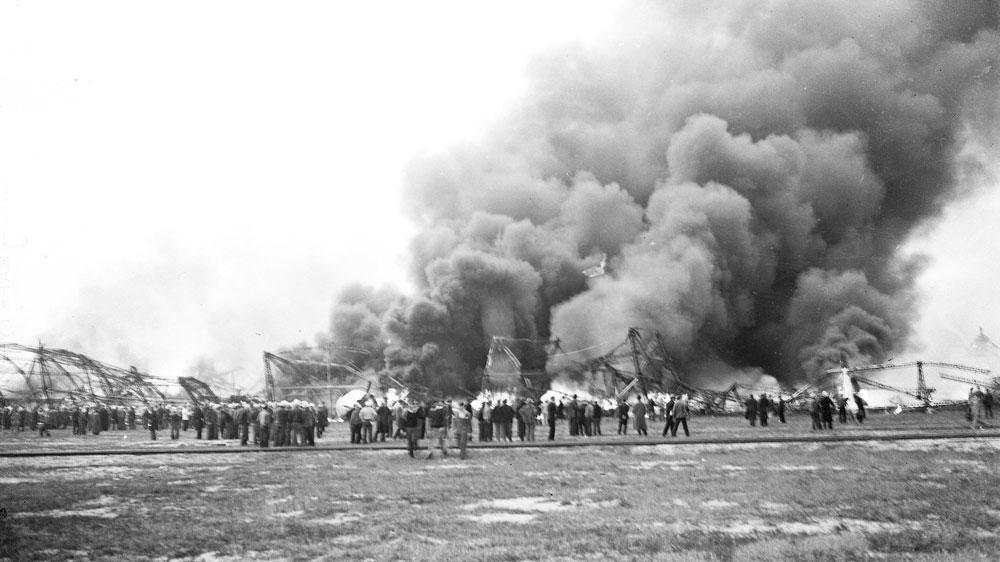 The Hindenburg zeppelin burns after it exploded during the docking procedure at Lakehurst Naval Air Station [AP] 