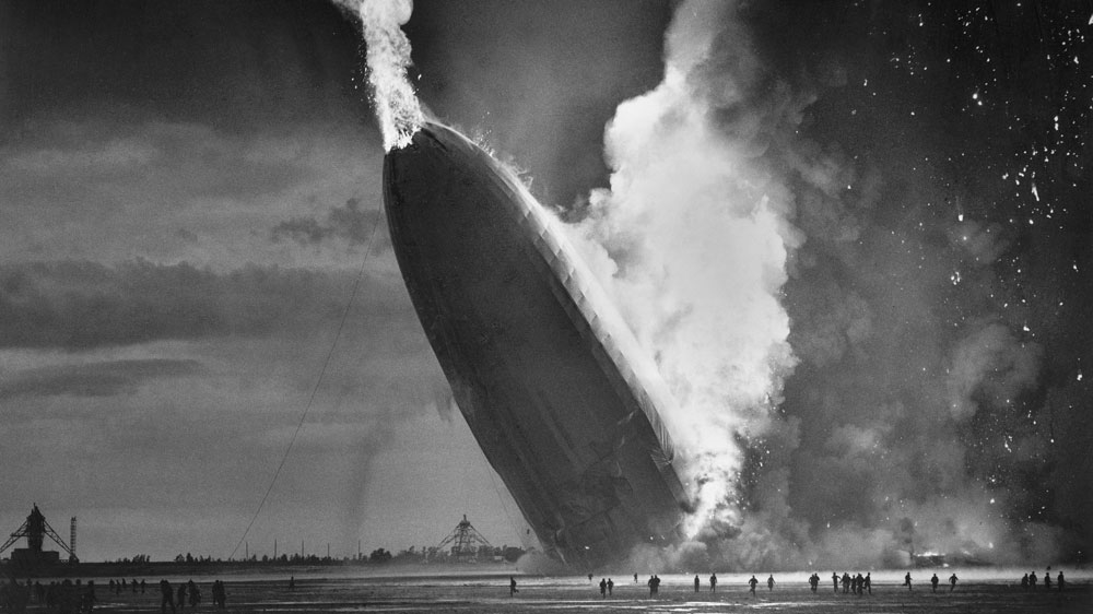 The German dirigible Hindenburg crashed to earth in flames after exploding at the US Naval Station in Lakehurst on May 6, 1937 [AP]