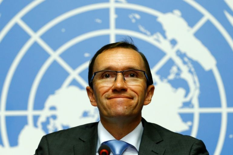 U.N. Special Advisor on Cyprus Eide attends a news conference in Geneva