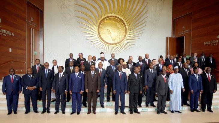 Heads of states and governments pose for a group photo during the opening ceremony of the 29th Ordinary Session of the Assembly of the Heads of State and the Governments in Addis Ababa