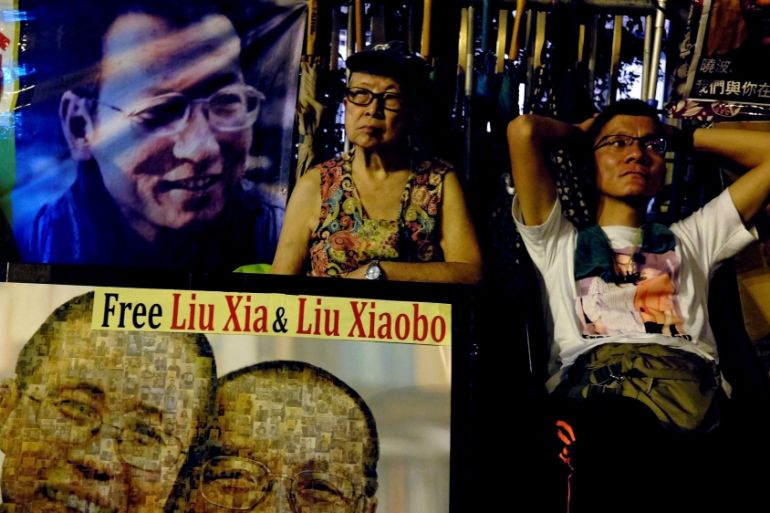 Pro-democracy activists demand the release of Nobel Laureate Liu Xiaobo in Hong Kong