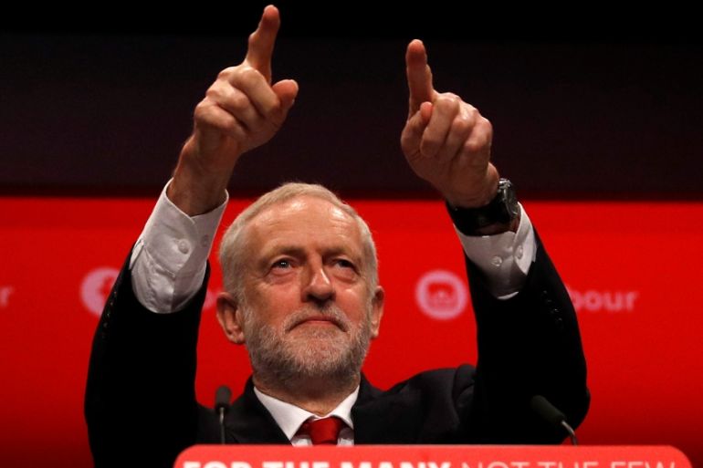 Britain''s opposition Labour Party leader Jeremy Corbyn acknowledges his audience prior to giving his keynote speech at the Labour Party Conference in Brighton