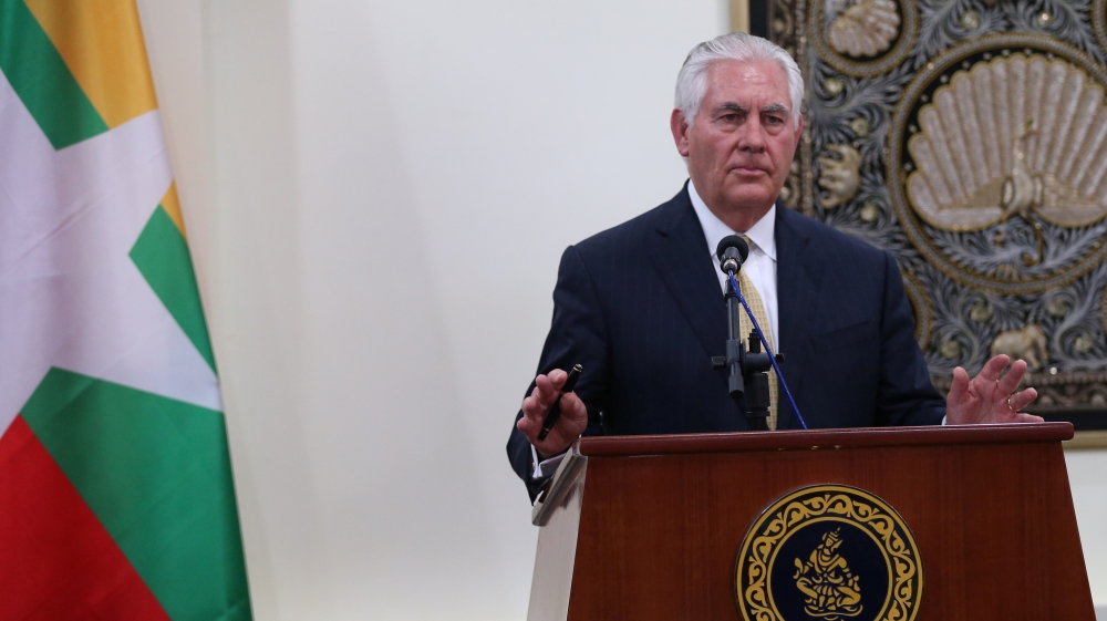 Rex Tillerson said the US would consider individual sanctions against those responsible for violence against the Rohingya [Aye Win Myint/Reuters]