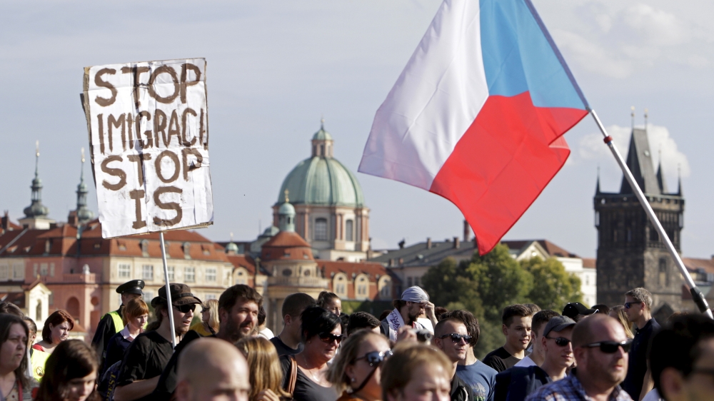 Demonstrators march during an anti-immigrant rally in Prague on September 12, 2015 [David W Cerny/Reuters]