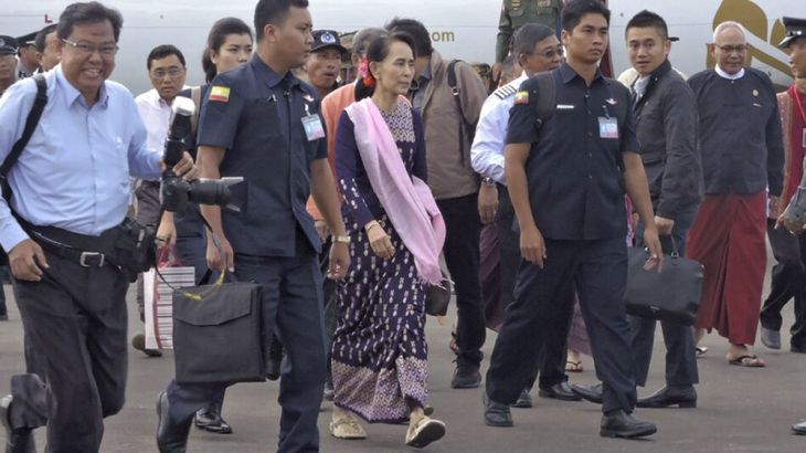 Myanmar''s leader Aung San Suu Kyi arrives in Sittwe, Rakhine state, Myanmar, Thursday, Nov. 2, 2017. Suu Kyi made her first visit as Myanmar''s leader Thursday to the conflict-torn region where more