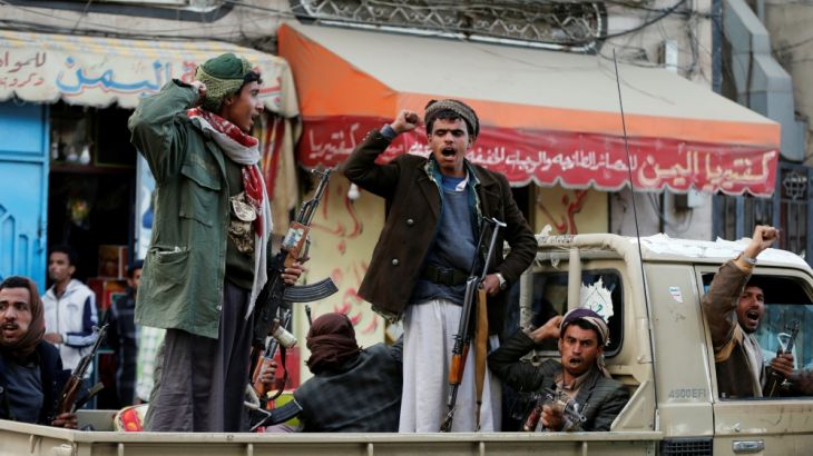 Houthi militants react as they ride on a truck after Yemen''s former president Ali Abdullah Saleh was killed, in Sanaa