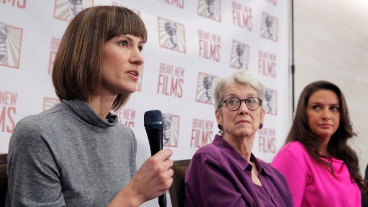 Rachel Crooks, Jessica Leeds and Samantha Holvey speak at news conference for the film "16 Women and Donald Trump" in Manhattan, New York