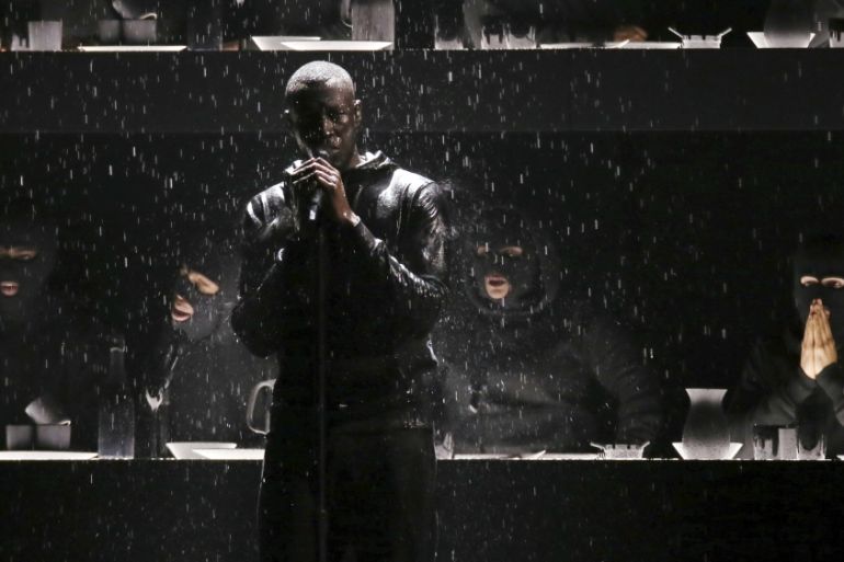 Stormzy performs at the Brit Awards 2018 in London, Wednesday, Feb. 21, 2018.