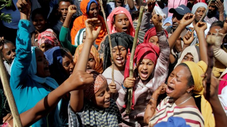 Supporters of Bekele Gerba, secretary general of the Oromo Federalist Congress (OFC), chant slogans to celebrate Gerba''s release from prison, in Adama, Oromia Region