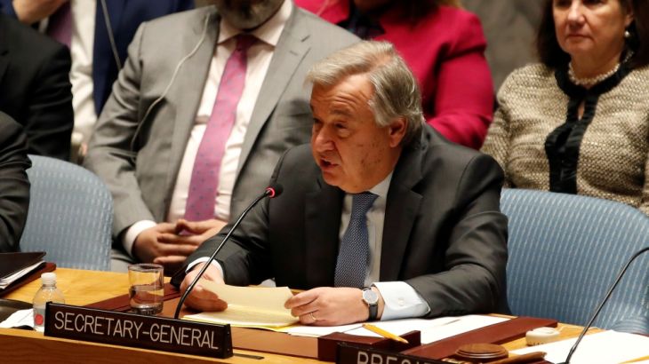 United Nations Secretary General Antonio Guterres briefs the U.N. Security Council on Syria during a meeting of the Council at U.N. headquarters in New York