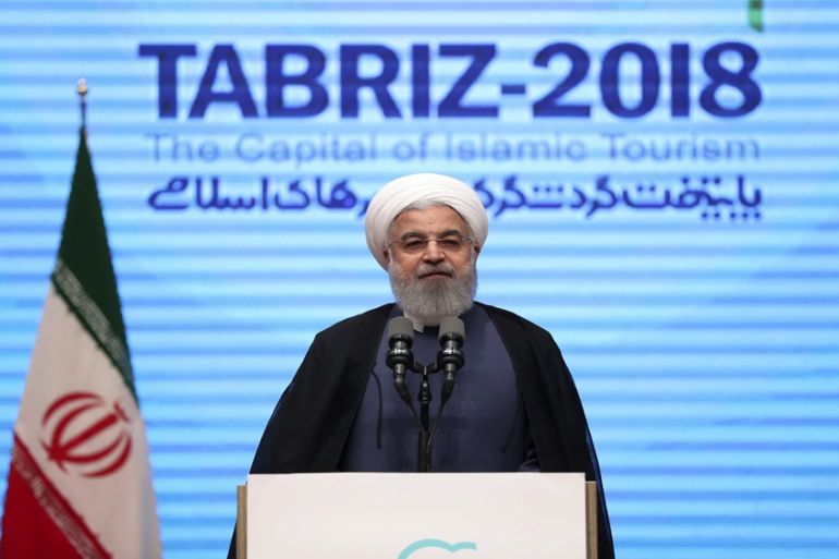 Iranian President Hassan Rouhani speaks during a conference in the northwestern city of Tabriz, Iran, Wednesday, April 25, 2018 [Iranian Presidency Office/AP]