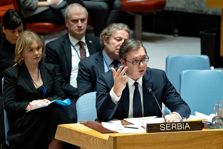 Serbian President Aleksandar Vucic speaks during a Security Council Meeting at U.N. headquarters, Monday, Dec. 17, 2018. The presidents of Serbia and Kosovo addressed the U.N. Security Council