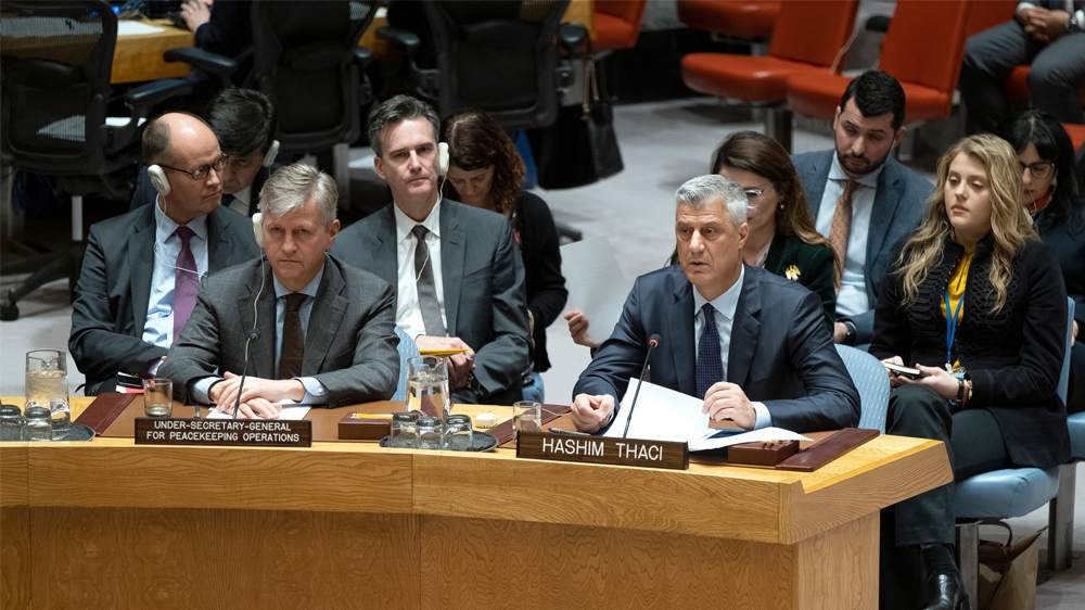 Kosovo President Hashim Thaci addressed the UN Security Council on Monday [Craig Ruttle/AP]