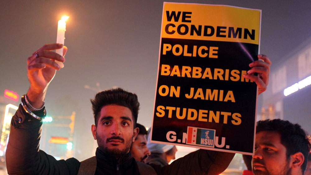 A demonstrator in Amritsar, Punjab protests against the citizenship law and to show solidarity with Jamia Millia Islamia students