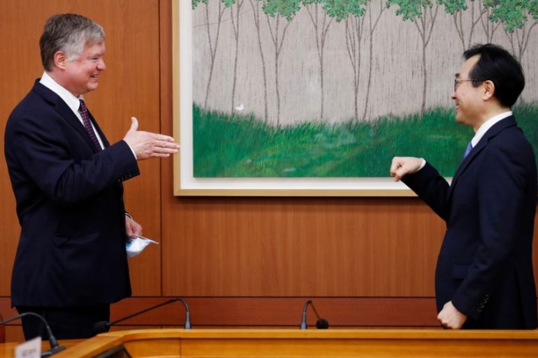 U.S. Deputy Secretary of State Stephen Biegun is greeted by his South Korean counterpart Lee Do-hoon during their meeting at the Foreign Ministry in Seoul