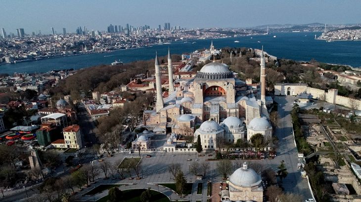 An aerial view shows deserted streets around Byzantine-era monument of Hagia Sophia or Ayasofya and the city during a two-day curfew which was imposed to prevent the spread of the coronavirus disease