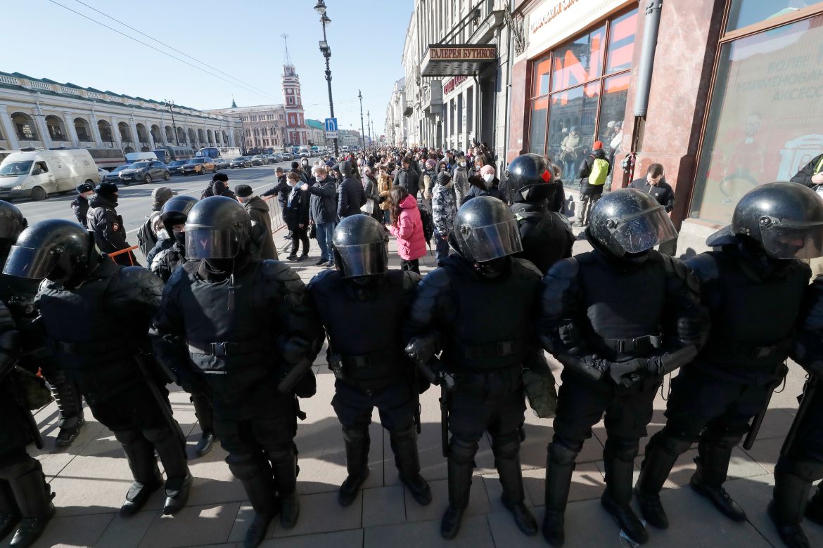 Russian policemen block the Nevsky Prospekt during an unauthorized rally against the Russian military operation in Ukraine, in Saint Petersburg