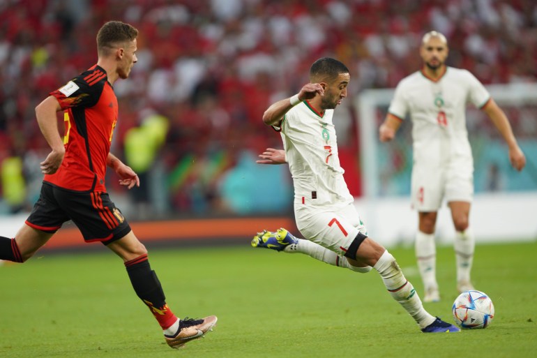 Morocco's Hakim Ziyech vies the ball. Belgium vs Morocco, Group F, FIFA World Cup 2022, November 27, at Al Thumama Stadium in Doha, Qatar [Sorin Furcoi/Al Jazeera]