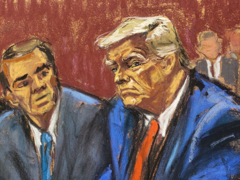 A courtroom sketch shows Donald Trump in a red tie and blue suit, next to a man leaning over