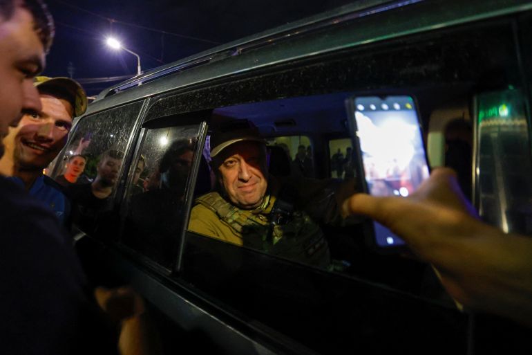 Wagner mercenary chief Yevgeny Prigozhin leaves the headquarters of the Southern Military District amid the group's pullout from the city of Rostov-on-Don, Russia