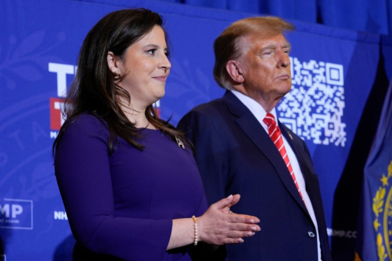Rep. Elise Stefanik, R-N.Y., and Republican presidential candidate former President Donald Trump listen as former Rep. Lee Zeldin, R-N.Y., speaks at a campaign event in Concord, N.H