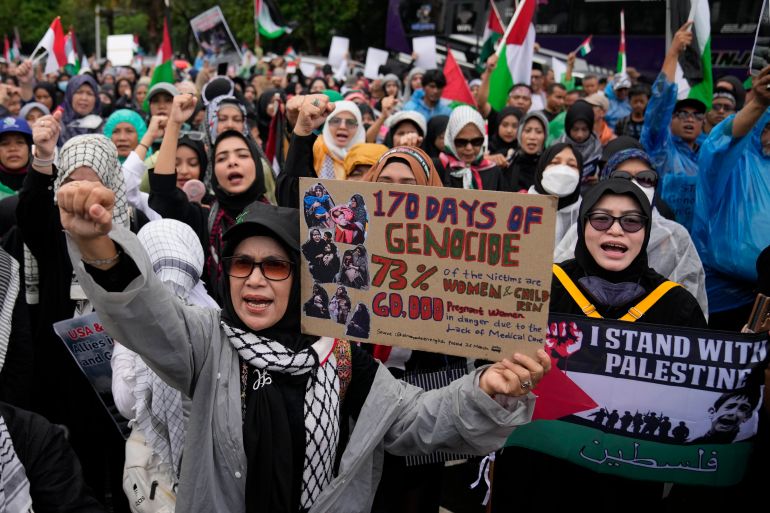Muslim protesters shout slogans during an Al-Quds (Jerusalem) Day rally outside the U.S. Embassy in Jakarta, Indonesia