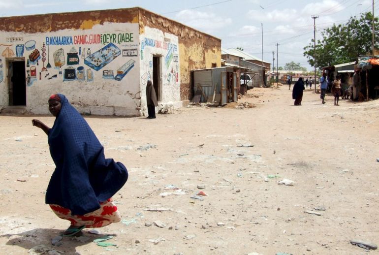 A picture from 2008 shows a woman in the centre of Dhusamareb district, Somalia, where US forces killed an al-Shabab leader in a missile attack