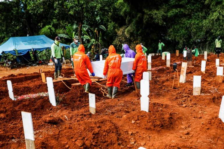 Workers wearing protective suits prepare to bury a coffin at the Muslim burial area provided by the government for victims of the coronavirus disease (COVID-19) at Pondok Ranggon cemetery complex in J