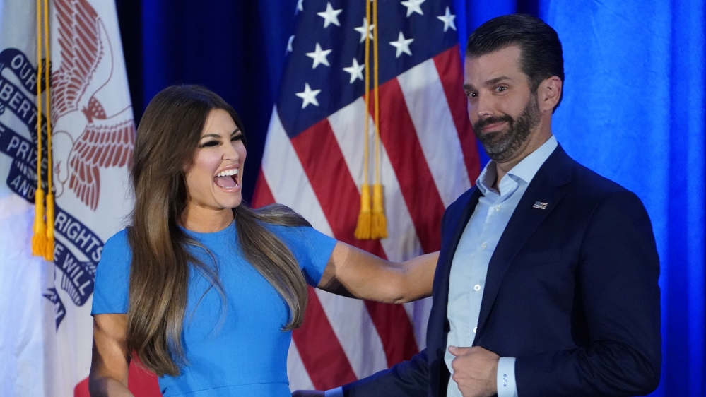 Kimberly Guilfoyle and Donald Trump Jr. speak at a press conference in Des Moines
