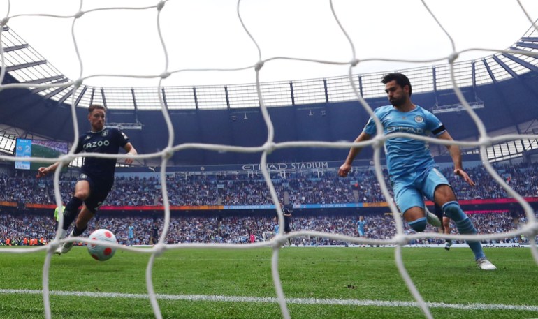 Manchester City's Ilkay Gundogan scores their third goal on Sunday, May 22, 2022 [Hannah Mckay/Reuters]