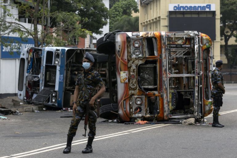 A bus destroyed by protesters in Colombo, Sri Lanka