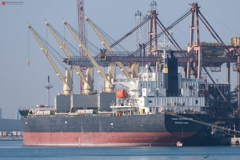 A view shows Barbados-flagged bulk carrier vessel True Confidence, in Ravenna, Italy March 10, 2022