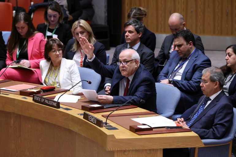 Palestinian Ambassador to the United Nations Riyad Mansour addresses the Security Council on the day of a vote on a Gaza resolution