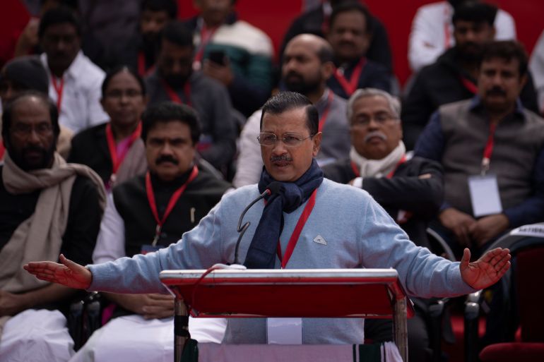 Delhi Chief Minister Arvind Kejriwal speaks during a protest against the alleged attacks on federalism by the federal government, in New Delhi, India, Thursday, Feb. 8, 2024. (AP Photo/Altaf Qadri)