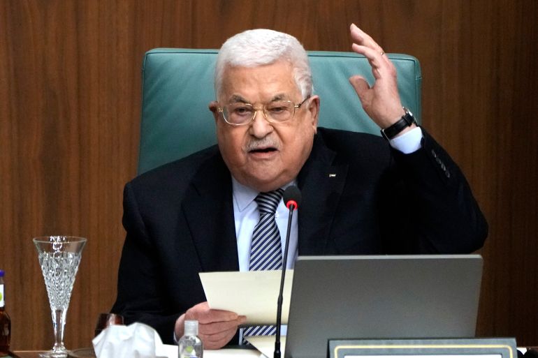 Palestinian President Mahmoud Abbas speaks during a conference to support Jerusalem at the Arab League headquarters in Cairo, Egypt