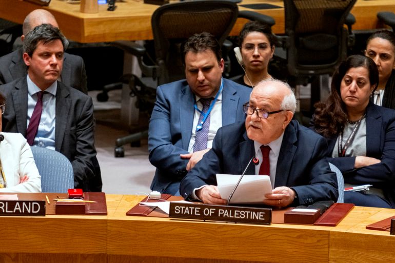 Palestinian Ambassador to the United Nations Riyad Mansour addresses United Nations Security Council