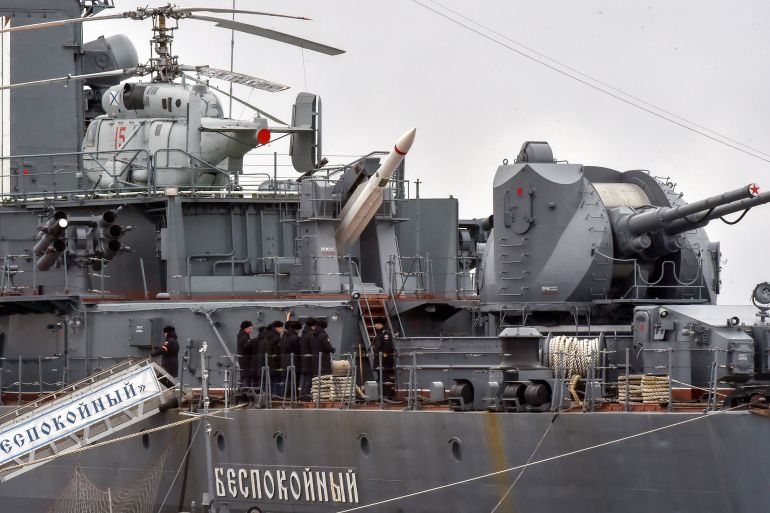 Russian naval cadets visit the Russian Navy destroyer "Bespokoinyi", a museum ship set at the Patriot Park in Kronstadt, outside Saint Petersburg, on April 14, 2022. (Photo by Olga MALTSEVA / AFP)