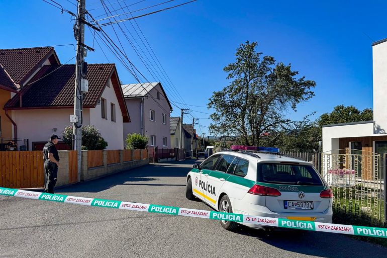 Police guards the entrance to a school in Staskov, northwestern Slovakia after a knife attack on September 29, 2026.